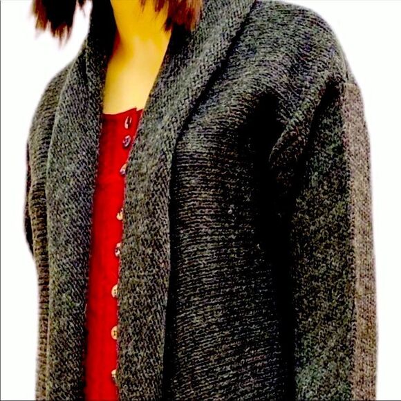 Dark Gray Draped Collar Open Front Pockets Heavy Wool Long Sweater Cardigan NEW - Picture 3 of 4